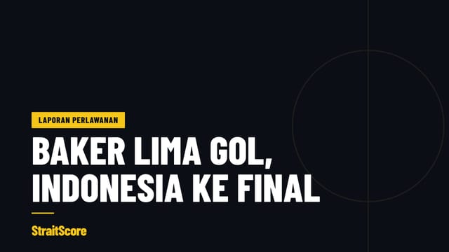 Grafik tajuk dengan perkataan Baker lima gol, Indonesia ke final.